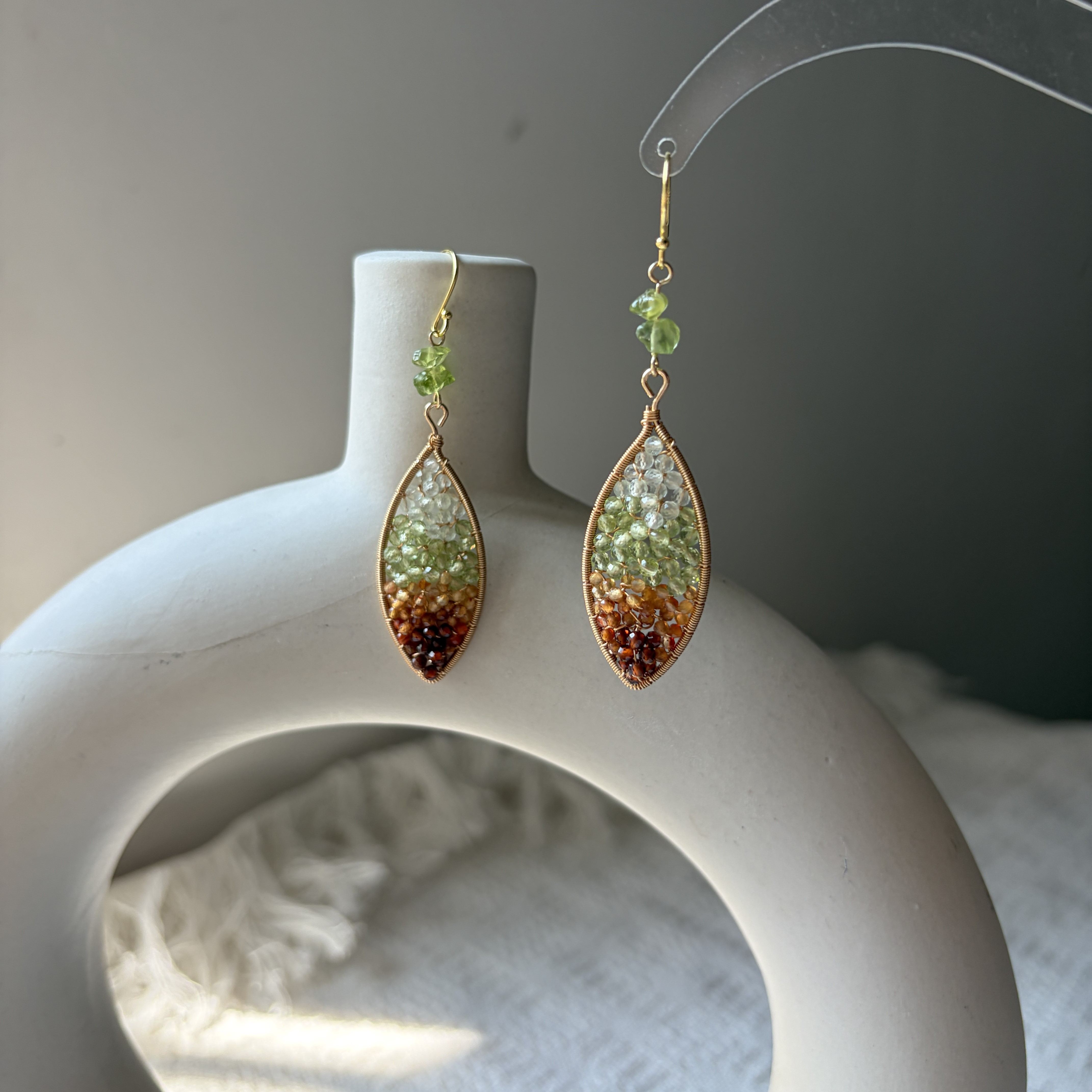 Four Seasons Leaf Earrings | Handmade Prehnite, Peridot, Garnet & Carnelian Gemstone Earrings