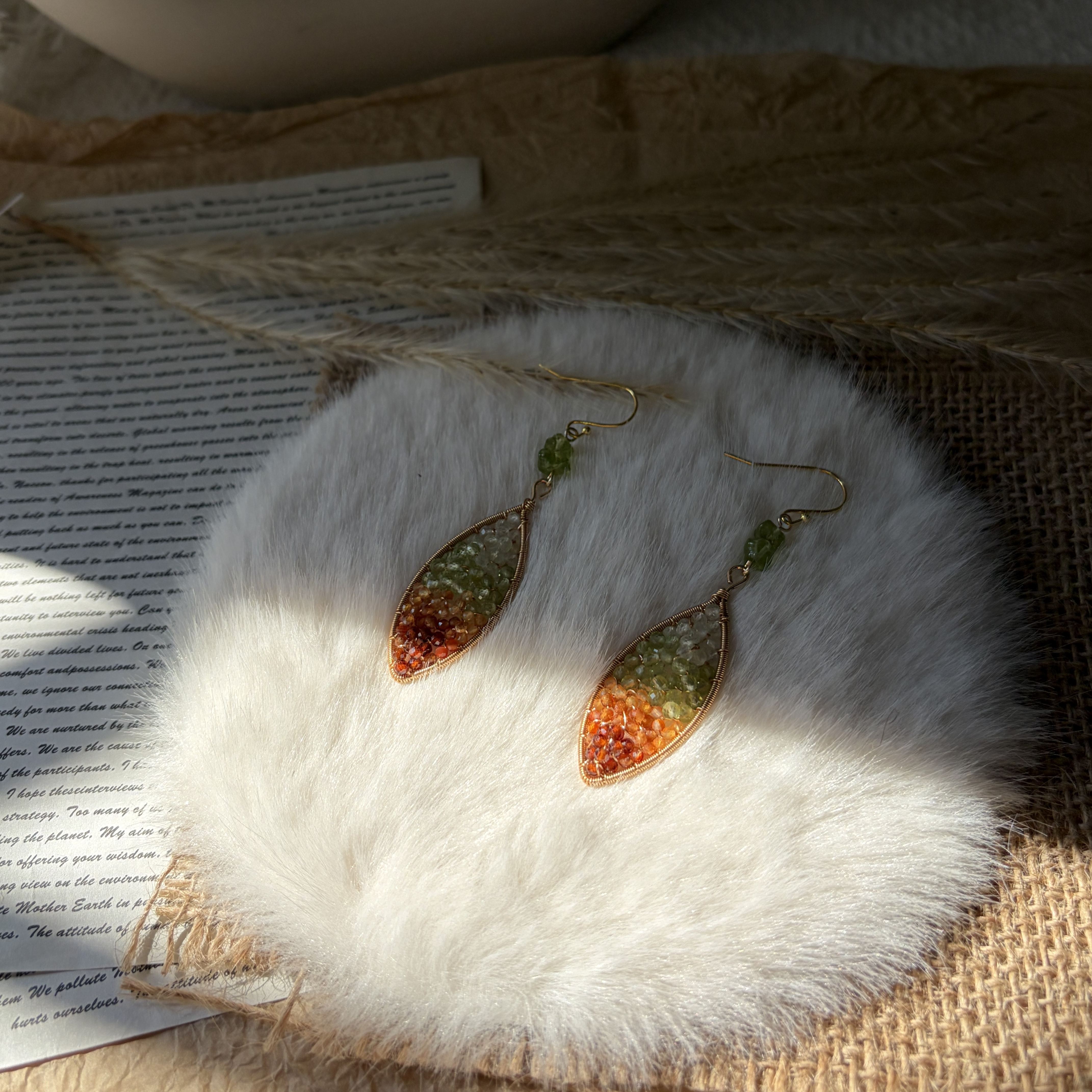 Four Seasons Leaf Earrings | Handmade Prehnite, Peridot, Garnet & Carnelian Gemstone Earrings