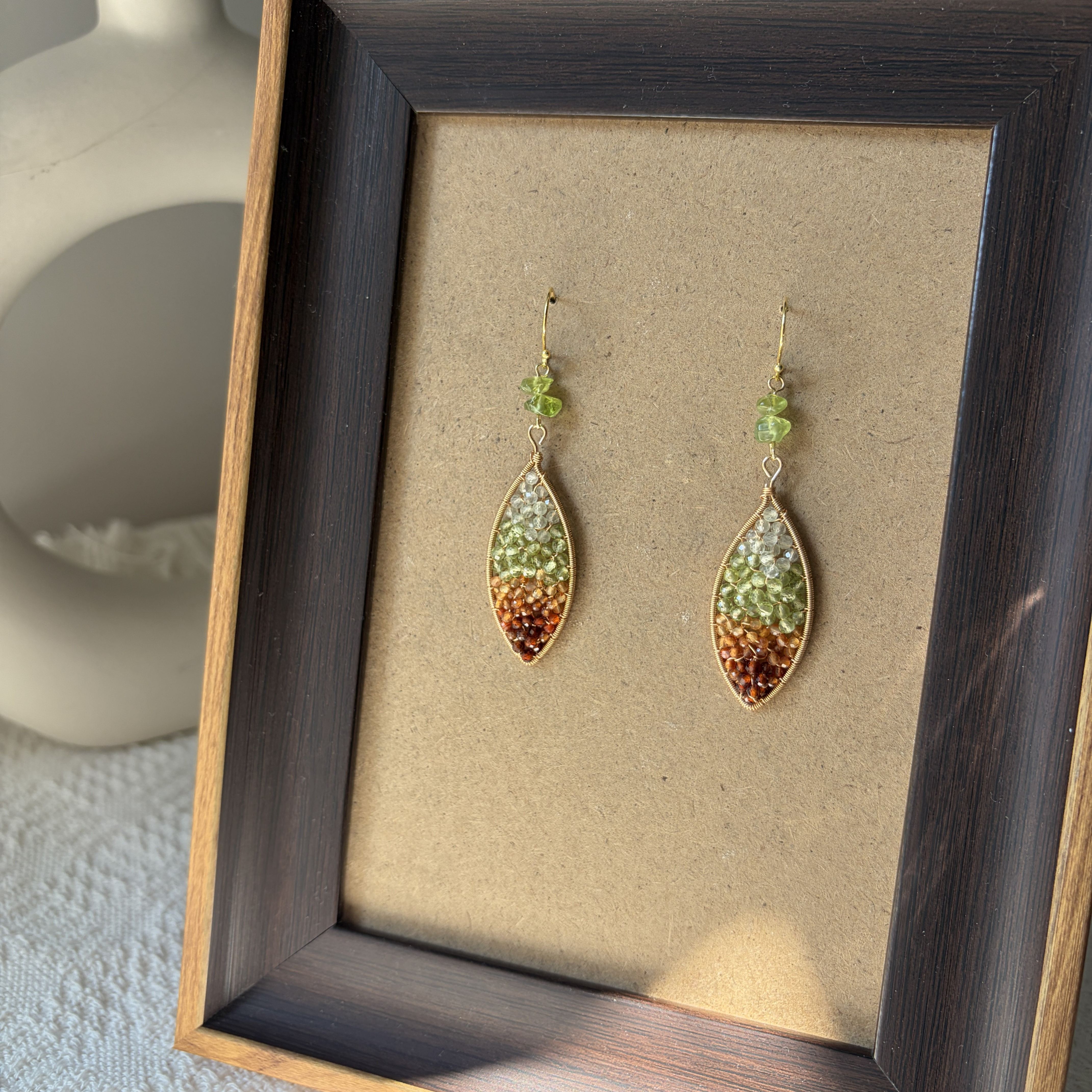 Four Seasons Leaf Earrings | Handmade Prehnite, Peridot, Garnet & Carnelian Gemstone Earrings