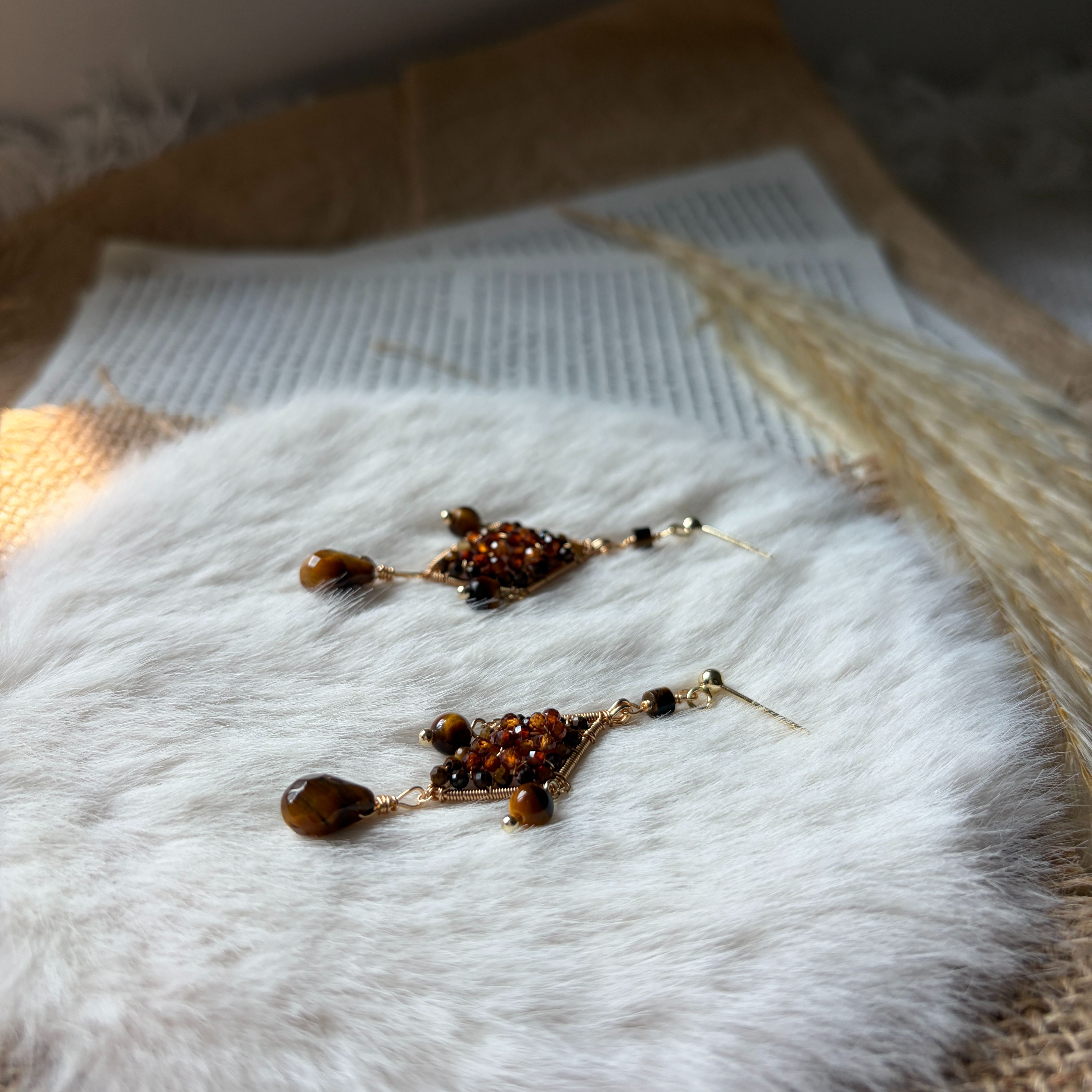 Cinder & Honey Hessonite Garnet & Tiger's Eye Wirewrapped Earrings