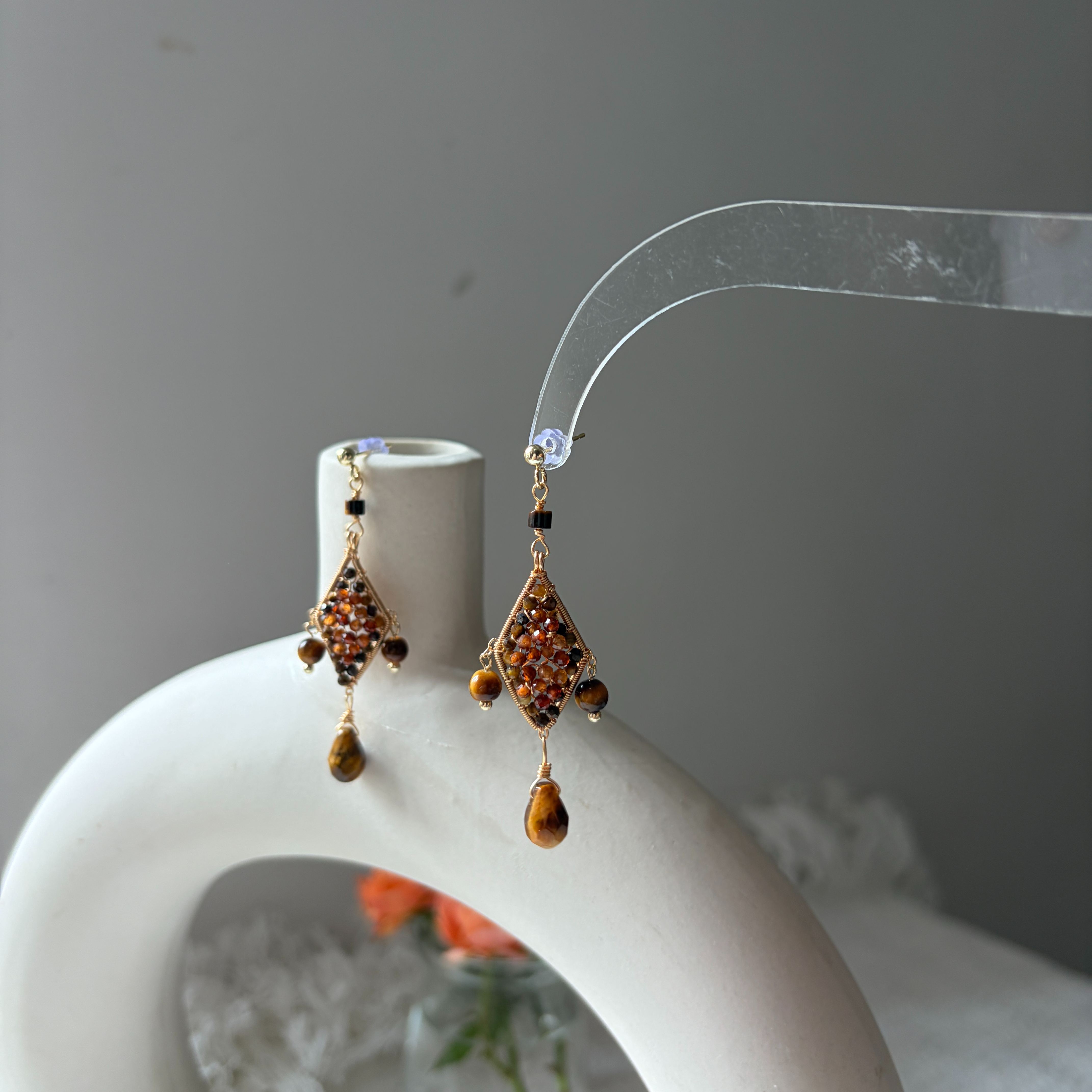 Cinder & Honey Hessonite Garnet & Tiger's Eye Wirewrapped Earrings
