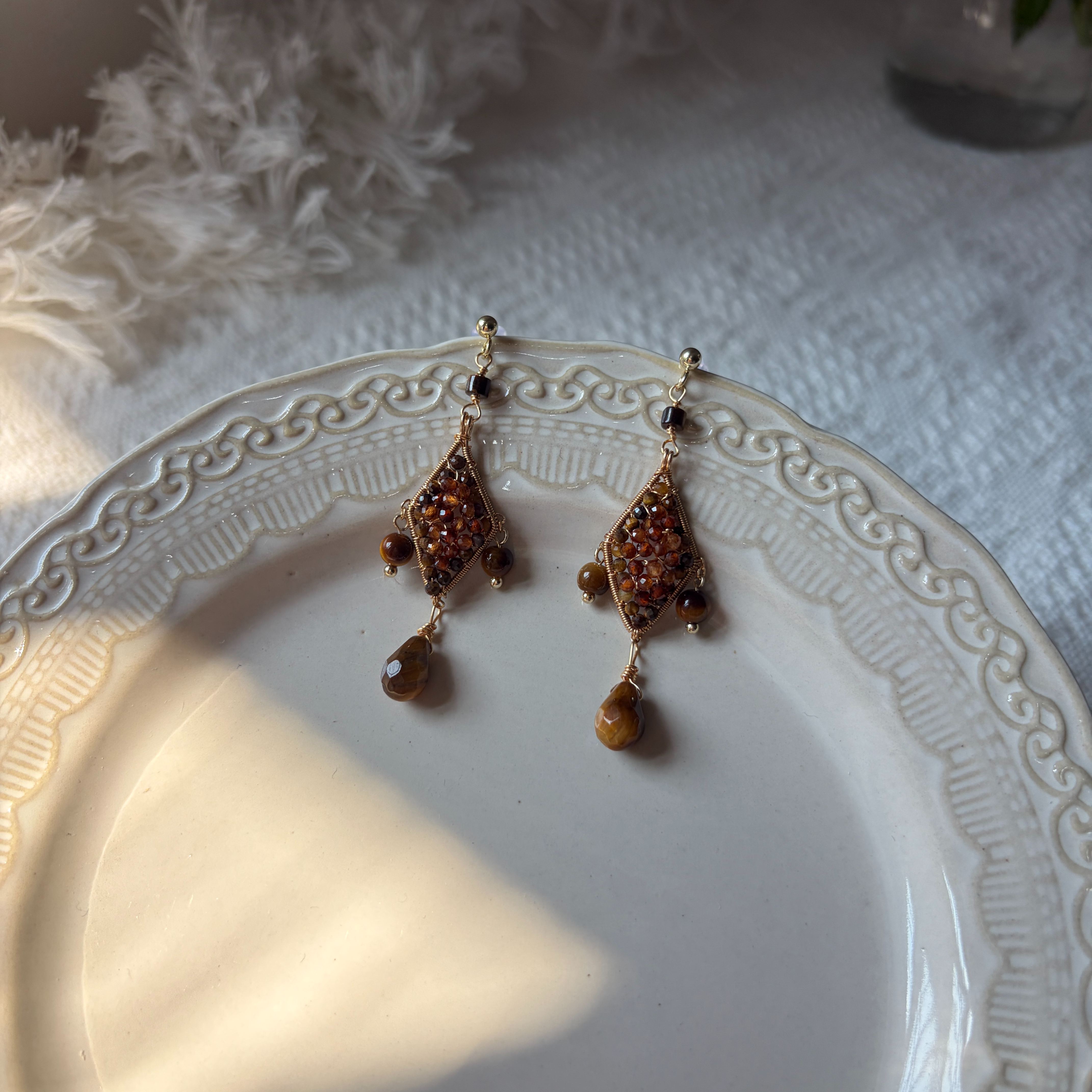 Natural hessonite garnet and tiger's eye geometric drop earrings