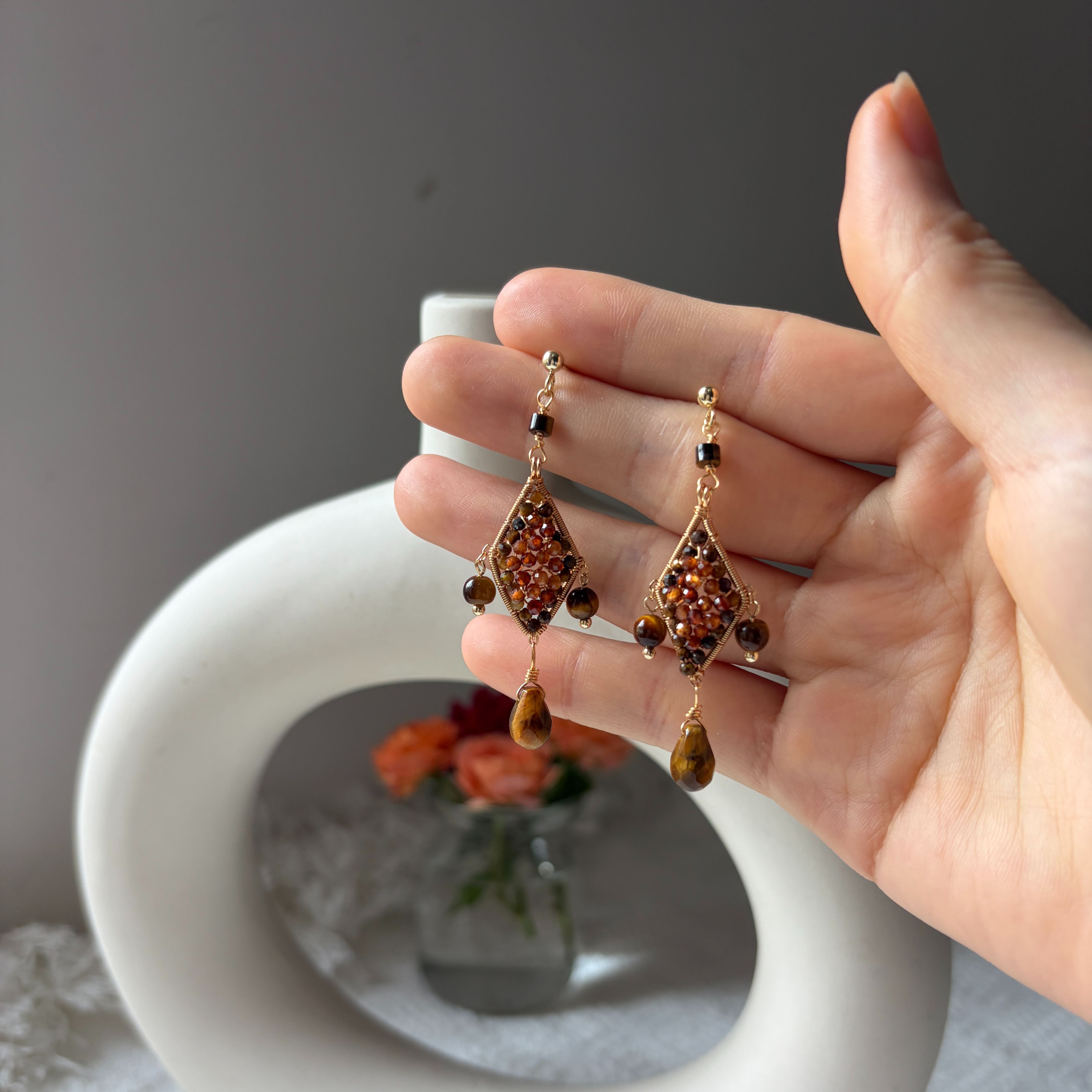 Tiger's eye round beads and faceted teardrop gemstone earrings