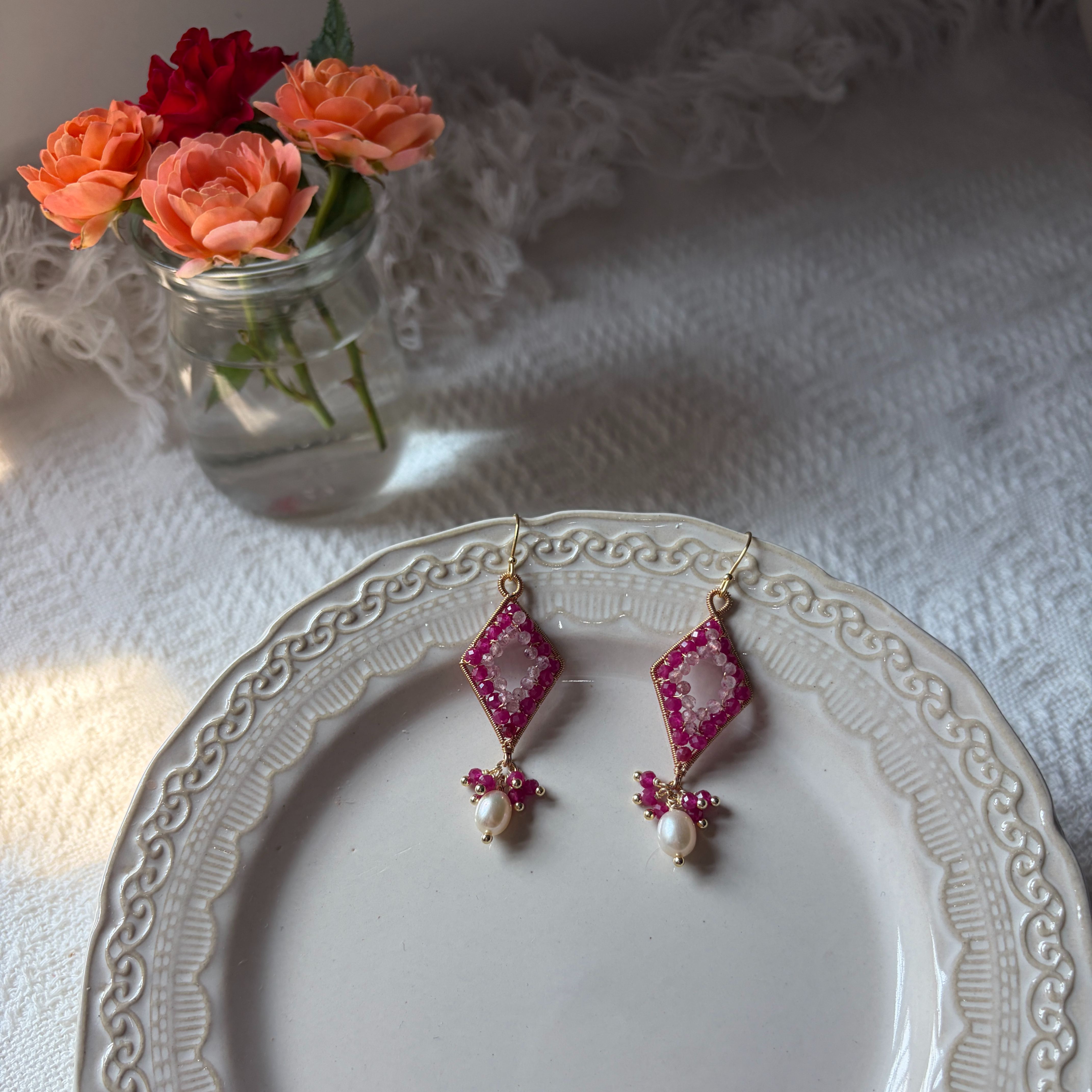 Roseveil Earrings Ruby, Strawberry Quartz & Pearl Drop Earrings