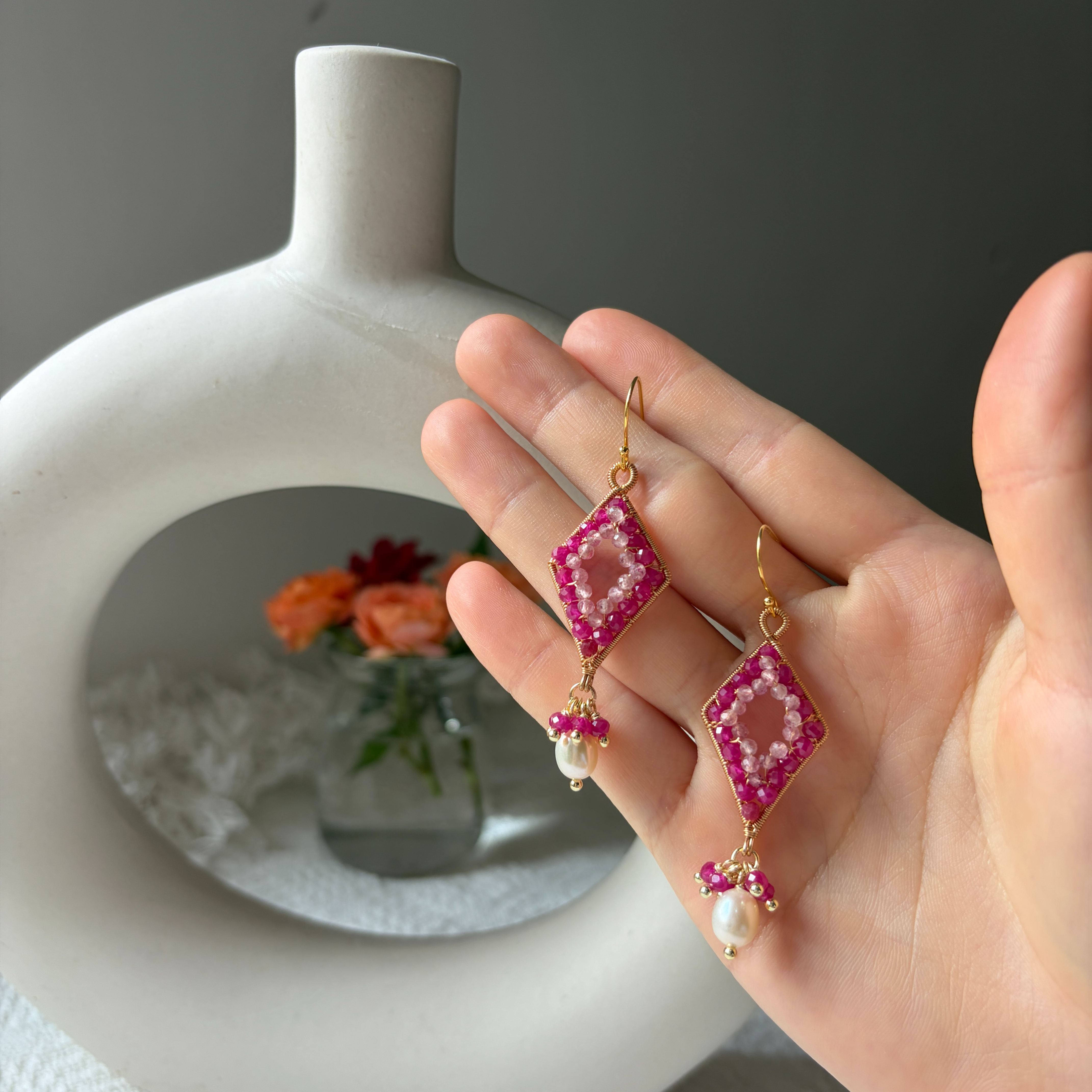Roseveil Earrings Ruby, Strawberry Quartz & Pearl Drop Earrings