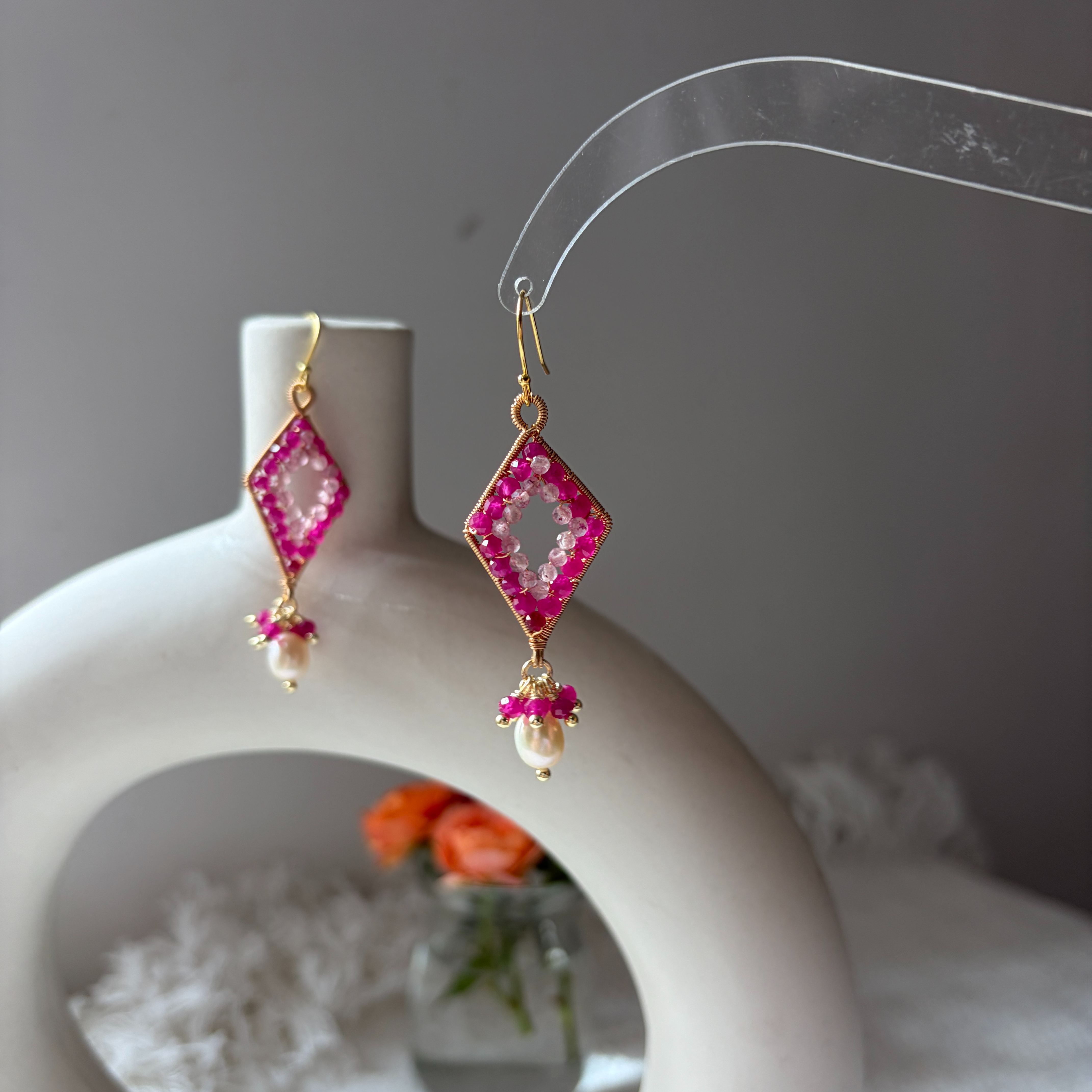 Roseveil Earrings Ruby, Strawberry Quartz & Pearl Drop Earrings