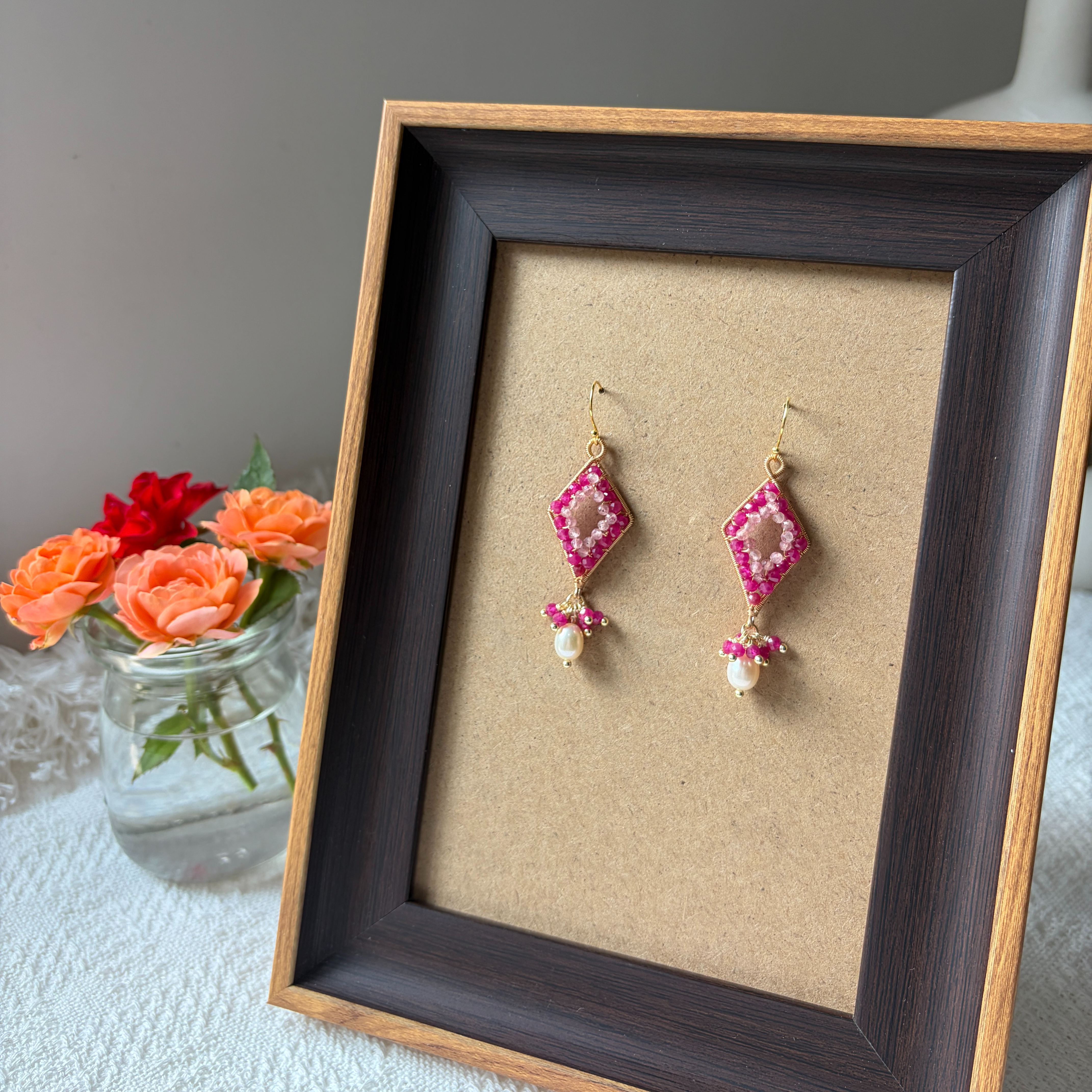 Roseveil Earrings Ruby, Strawberry Quartz & Pearl Drop Earrings