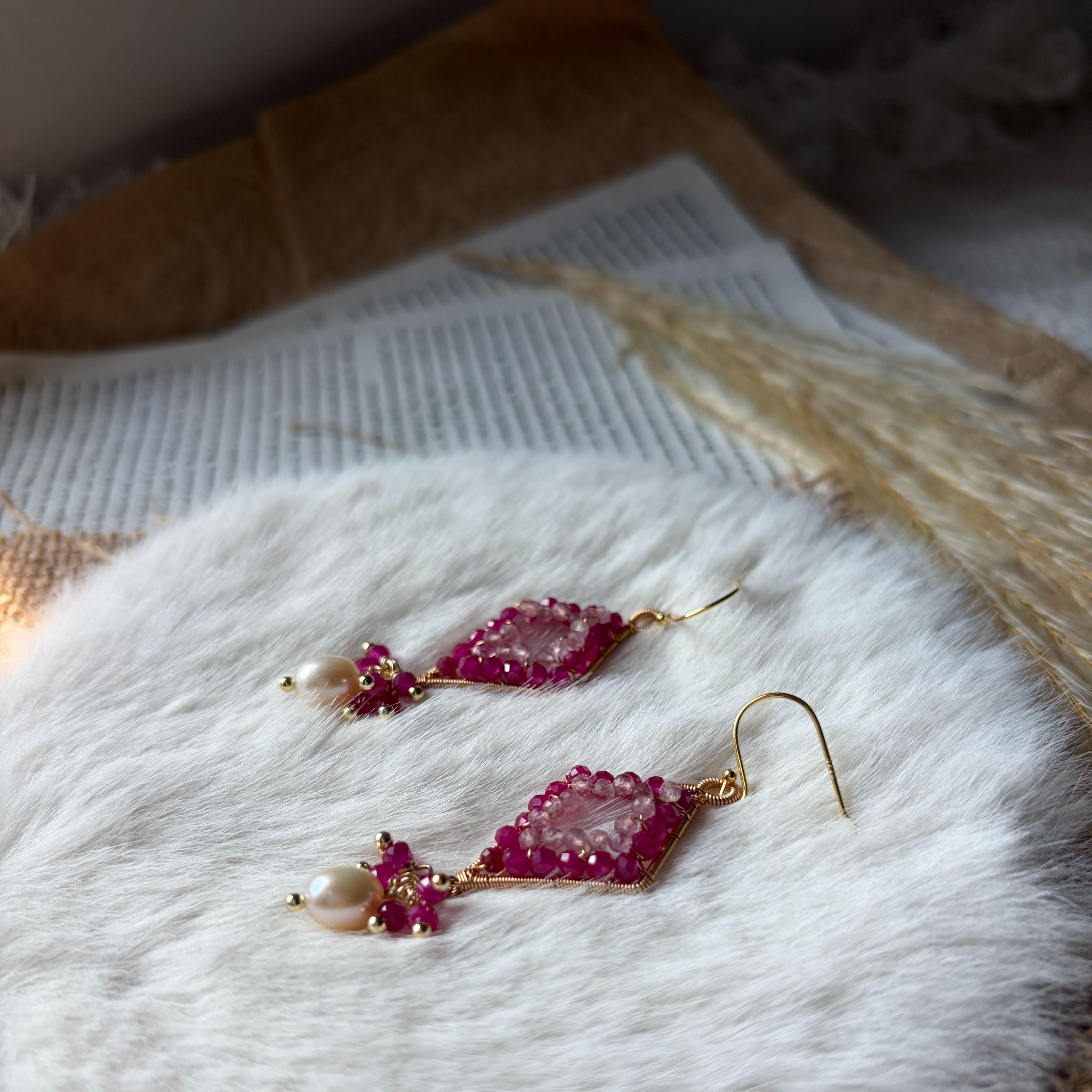 Roseveil Earrings Ruby, Strawberry Quartz & Pearl Drop Earrings