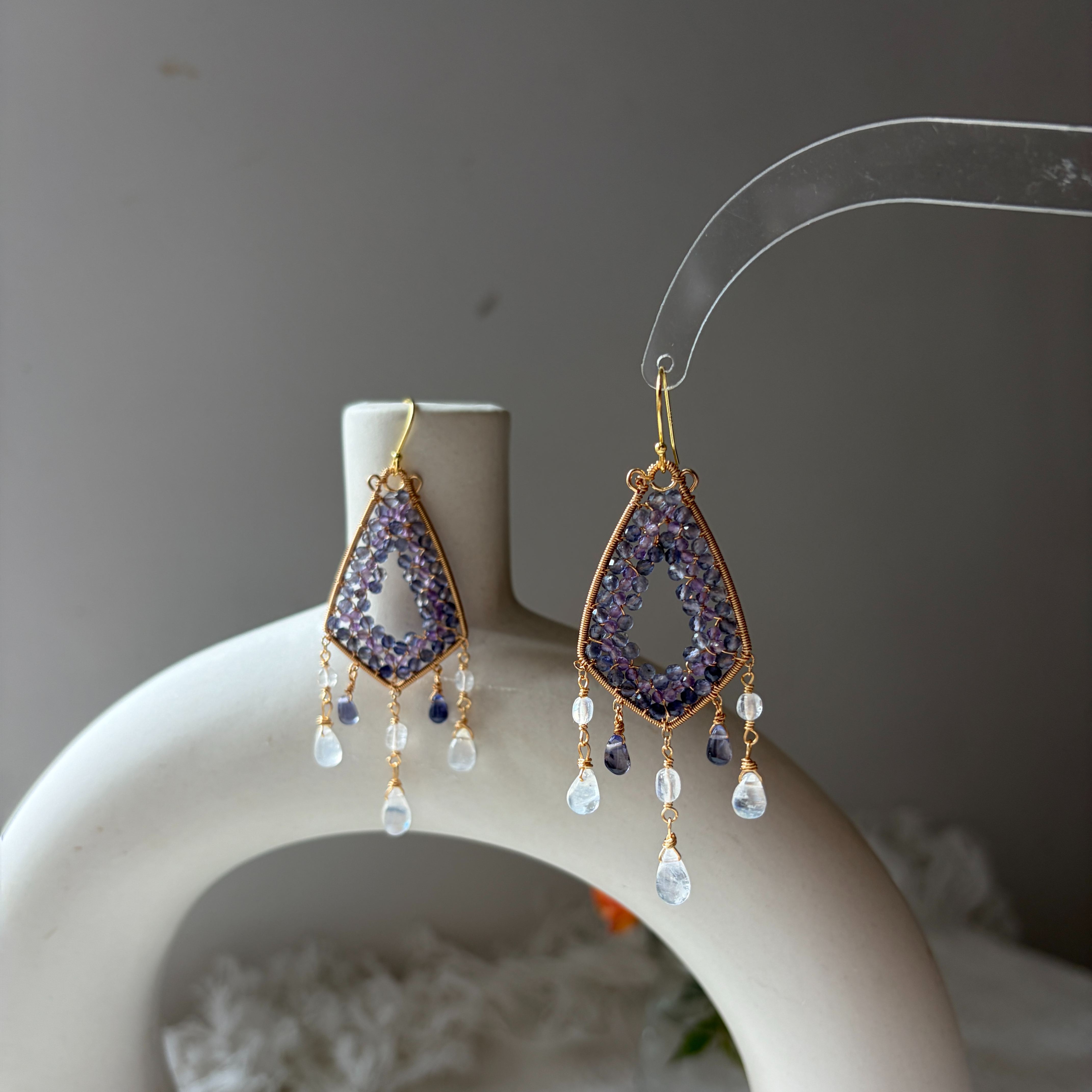 Celestial Garden Iolite & Amethyst with Moonstone Teardrop Statement Earrings