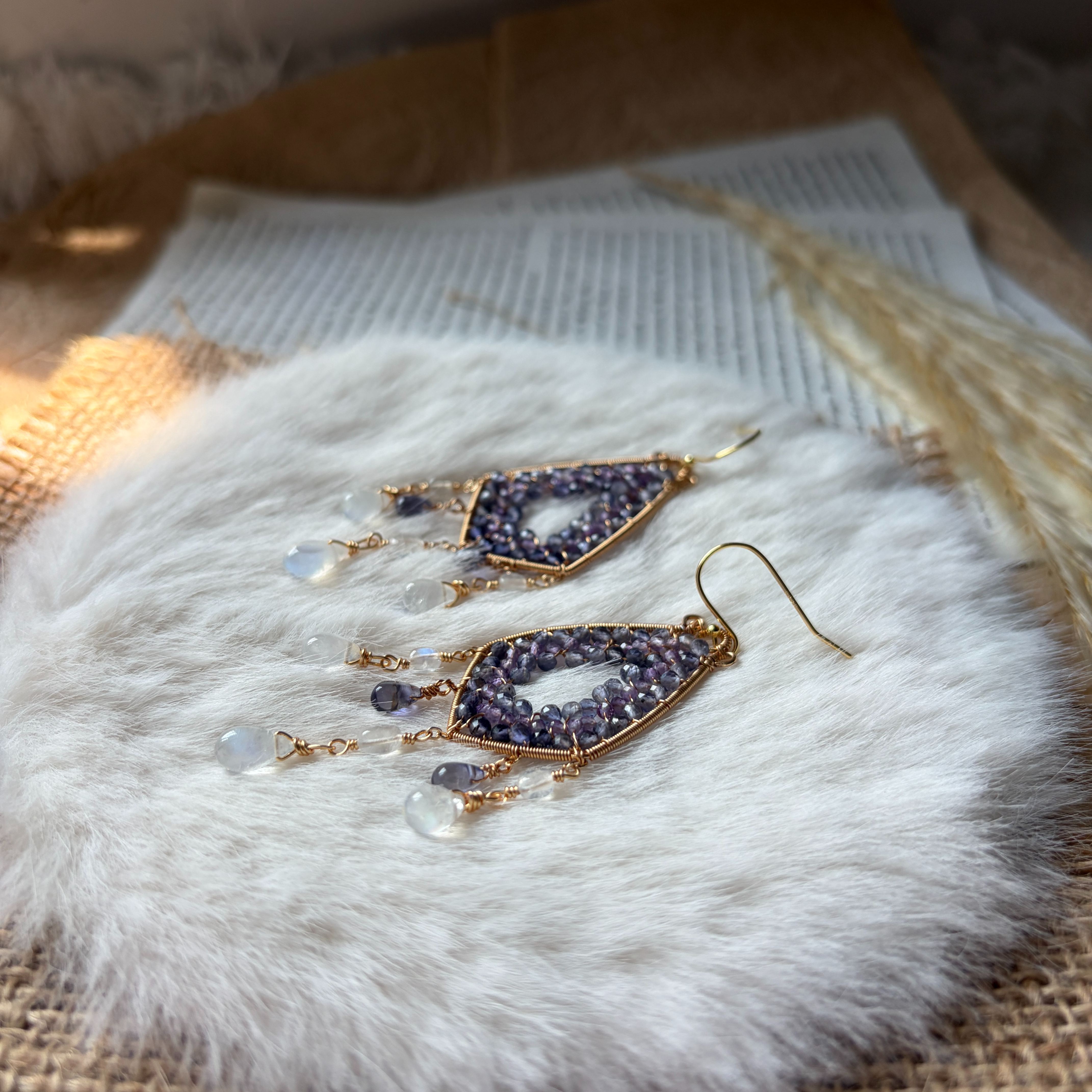 Celestial Garden Iolite & Amethyst with Moonstone Teardrop Statement Earrings