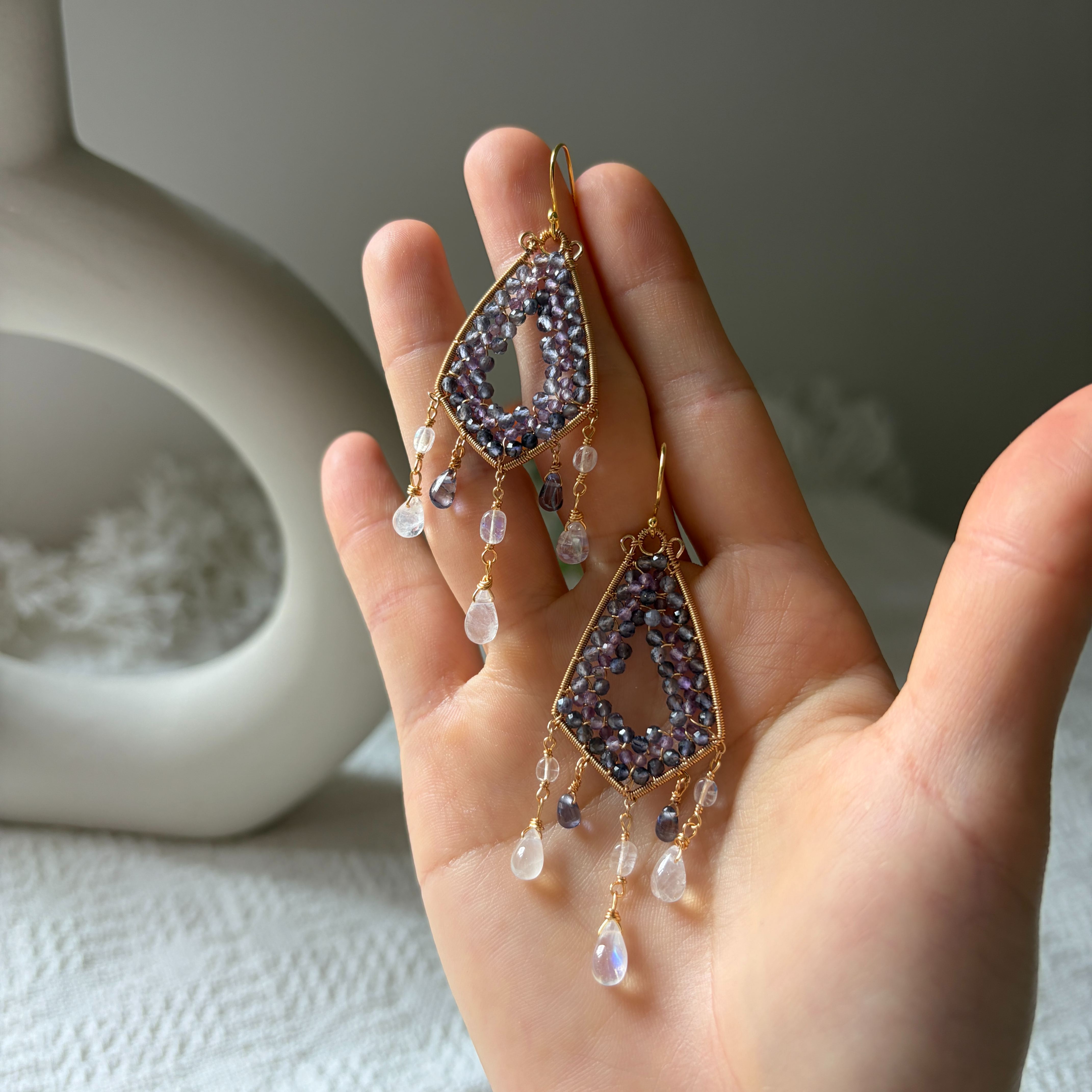 Celestial Garden Iolite & Amethyst with Moonstone Teardrop Statement Earrings