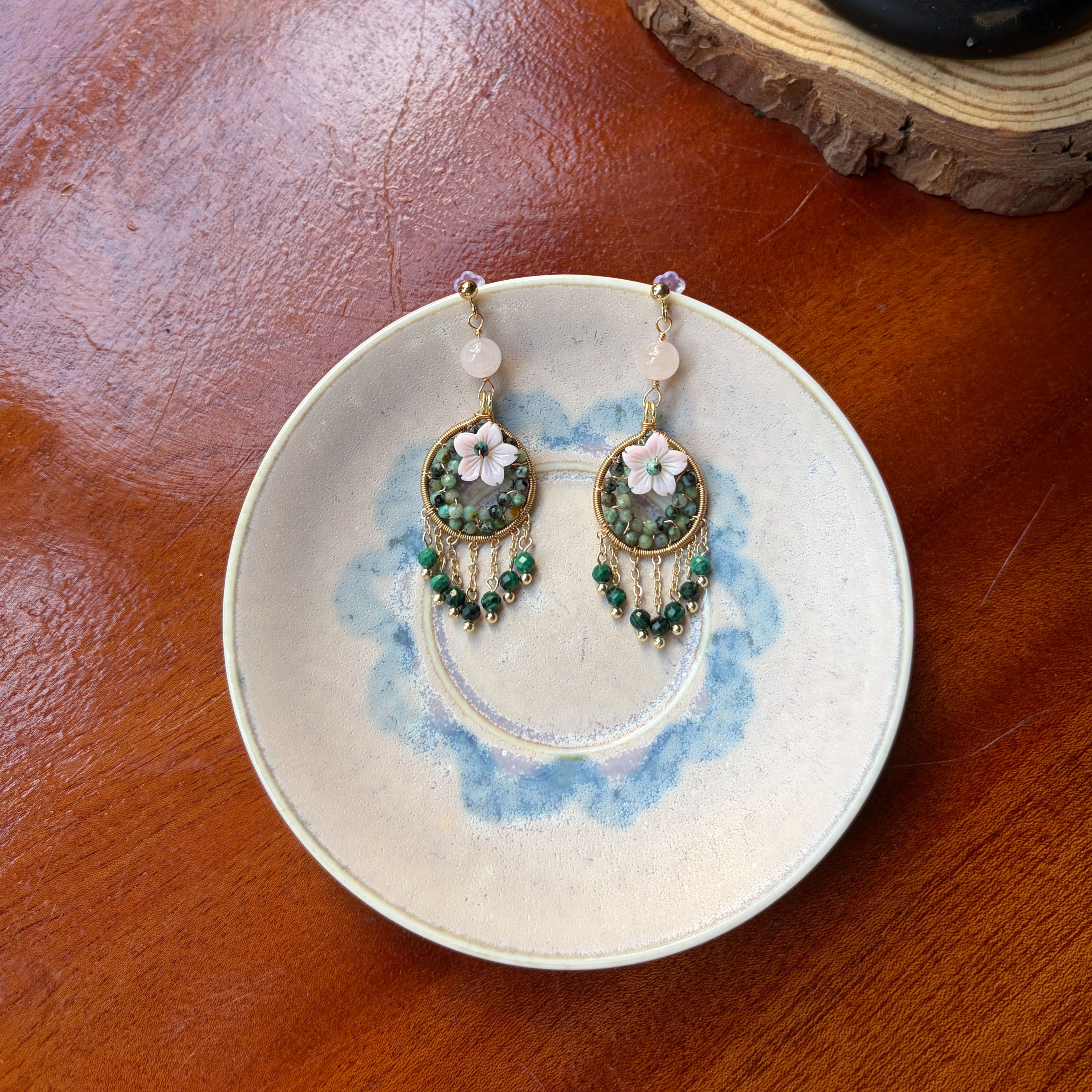 Garden Reverie  Botanical Green Agate · Malachite · Rose Quartz Drop Earrings