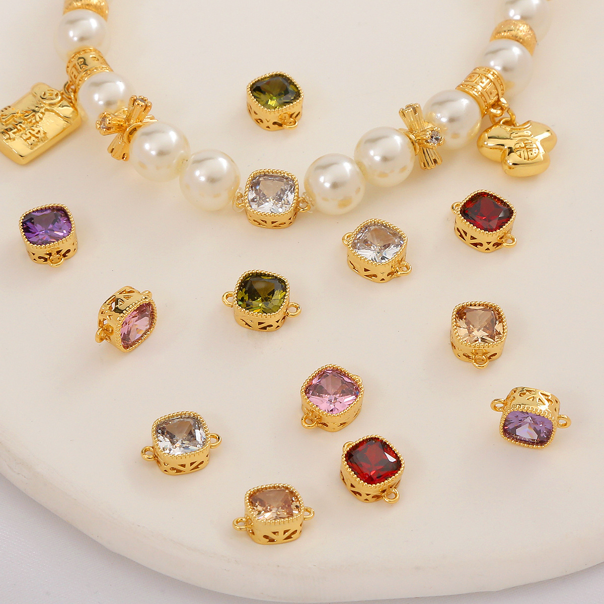 Colored Zircon Square Beads with Double Rings 