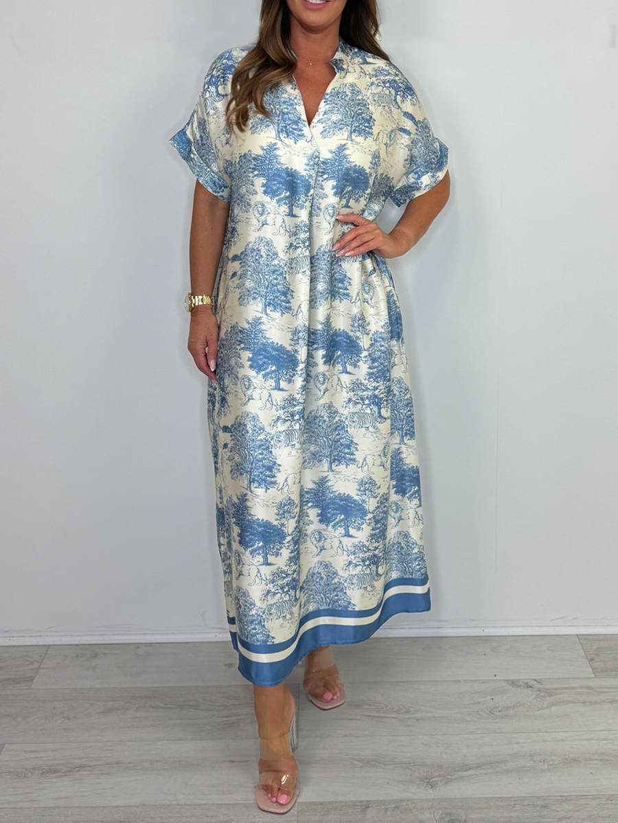 Silk Mix Tree/Animal Pattern V-Neck Short Sleeve Maxi Dress