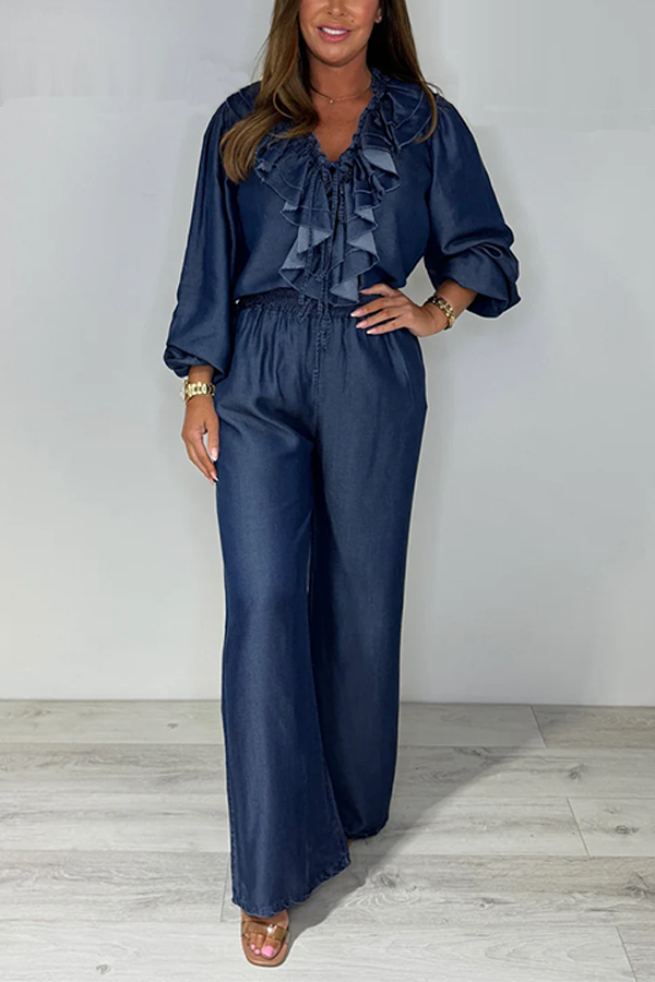 Long Sleeve V-Neck Ruffle Top With Drawstring Trouser Co-ord