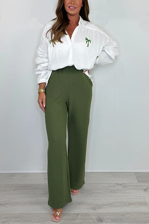 White Cheesecloth Palm Tree Shirt & Khaki Trouser Co-ord