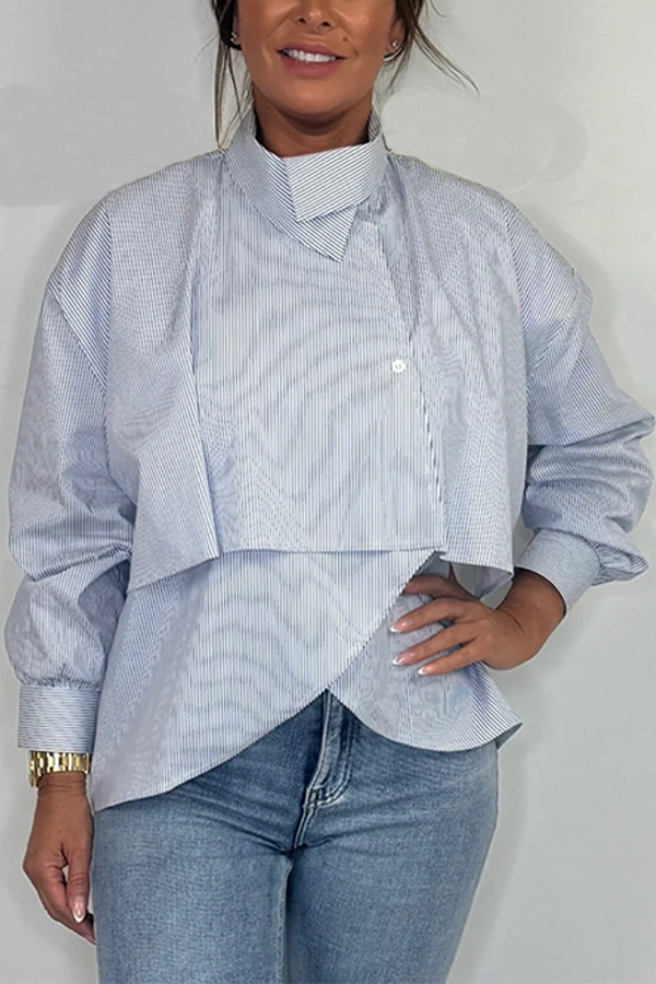 High Neck Pinstripe Tiered Shirt