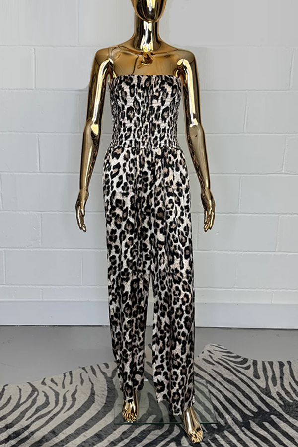 Silky Leopard Smocked Bardot Jumpsuit