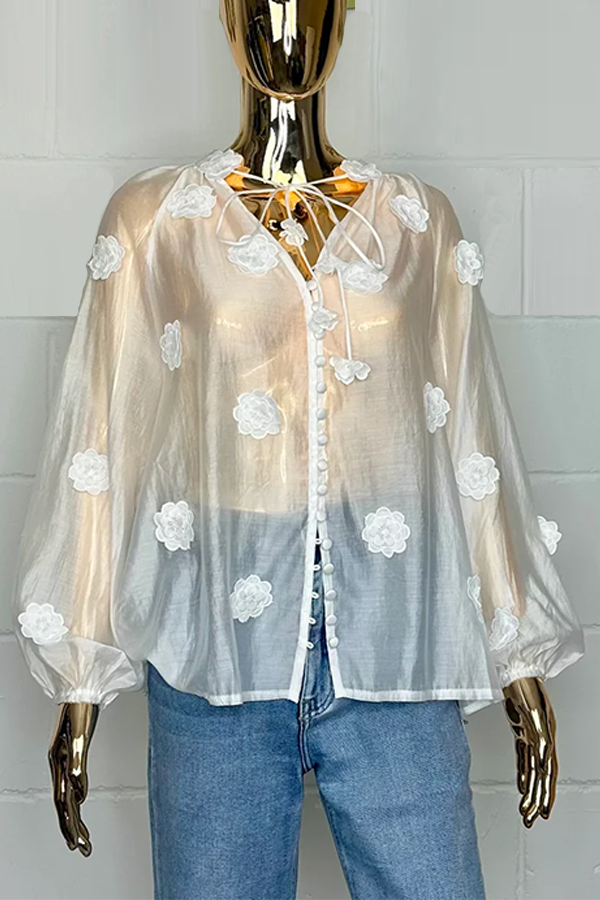 3D Flower Sheer Button Up Blouse