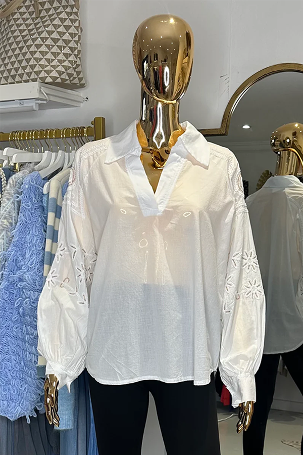 V-Neck Embroidered Sequin Sleeve Shirt