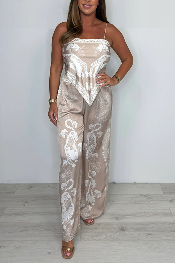 Satin Tiger Leaf Print Scarf Style Top & Trouser Co-Ord