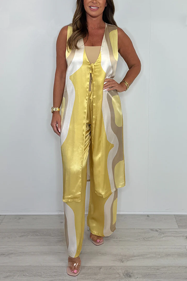 Satin Feel Printed Trouser & Longline Tie UP Waistcoat Co-ord