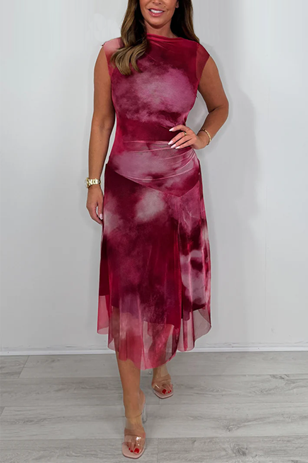 Wine Tie Dye Mesh High Neck Midi Dress