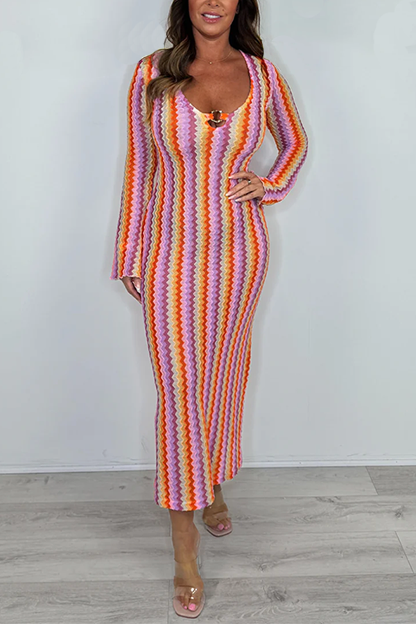 Long Bell Sleeve V-Neck Gold Ring Detail Zigzag Dress