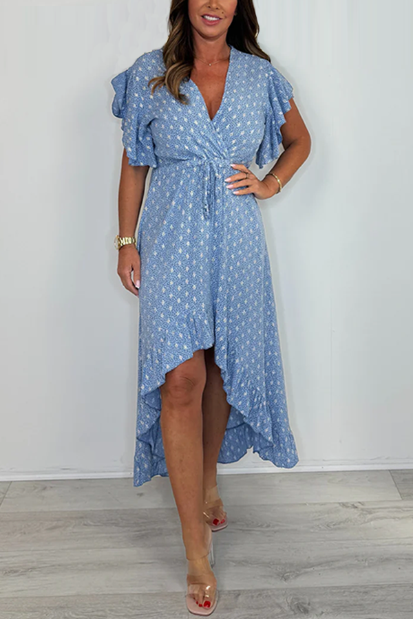 V-Neck High Low Flower Print Ruffle Sleeve Dress