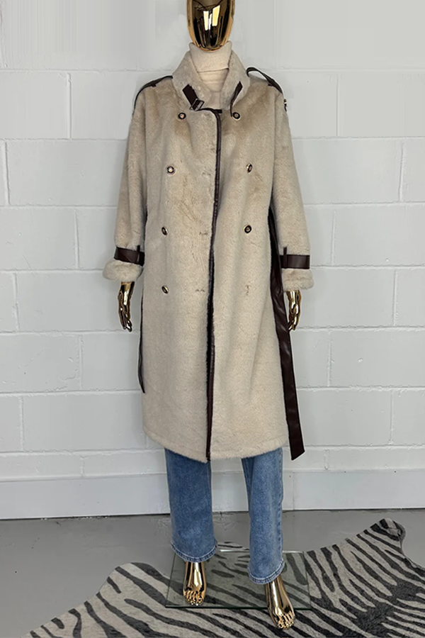 Faux Fur Leather Trim Belted Longline Coat