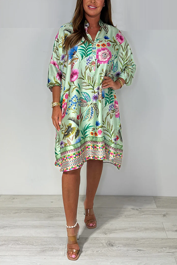Multicoloured Flower/Leaf Print Silky Oversize Dress