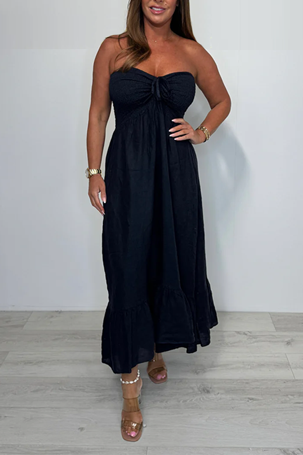 Linen Smocked Bardot Maxi Dress