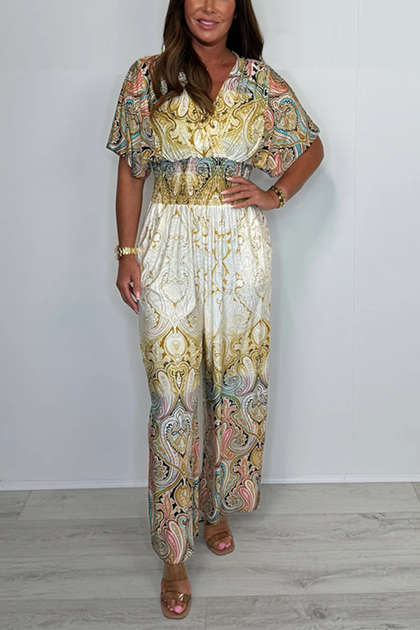 Deep V Elasticated Waist Multi-coloured Jumpsuit