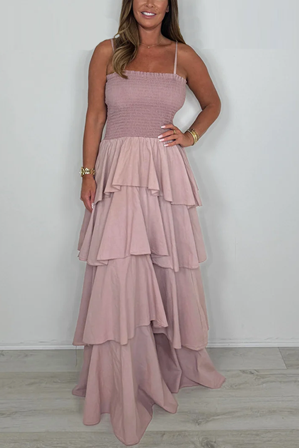 Spaghetti Strap Smocked Layered Bottom Maxi Dress