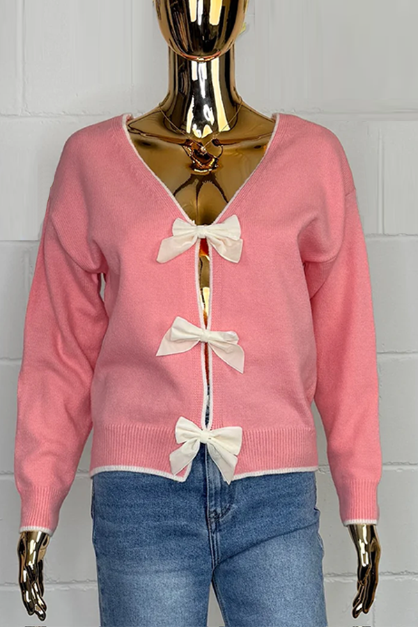 V-Neck Triple Bow Middle Cardigan
