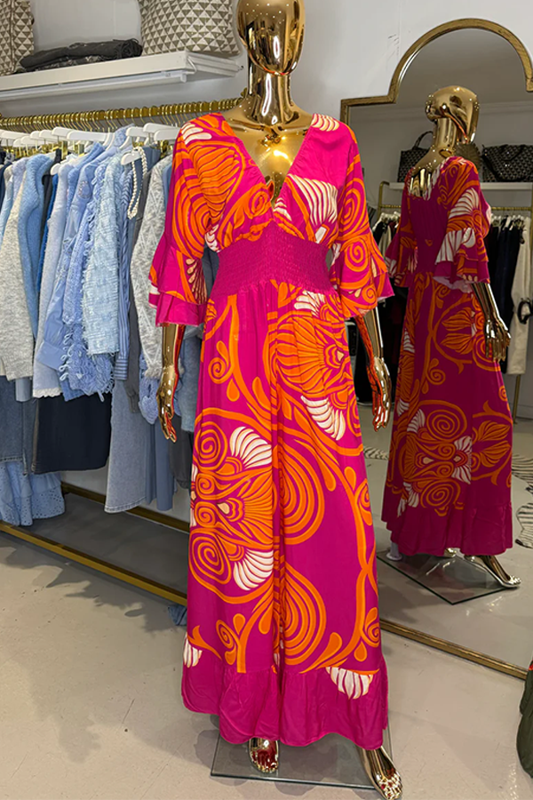 V-Neck Printed Smocked Waist Jumpsuit