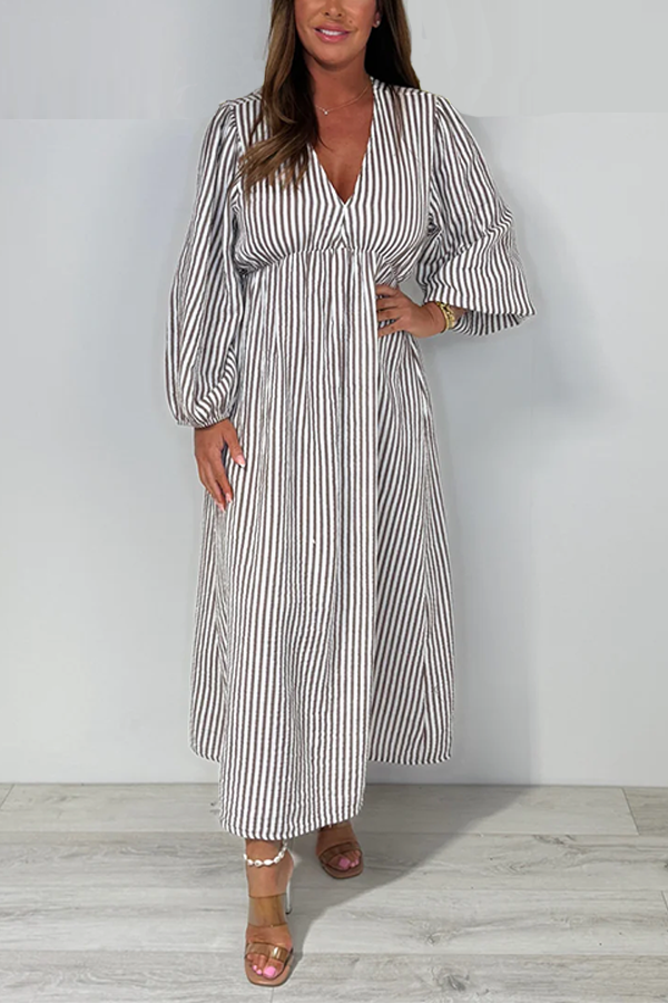 V-Neck Tie Up Striped Maxi Dress