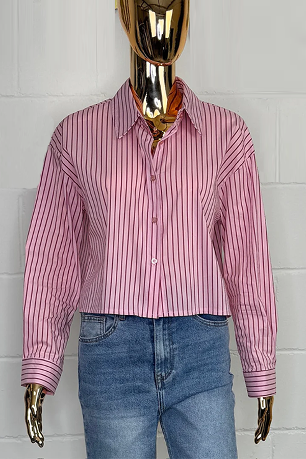 Striped Button Up Collared Shirt With Open Back Shirt