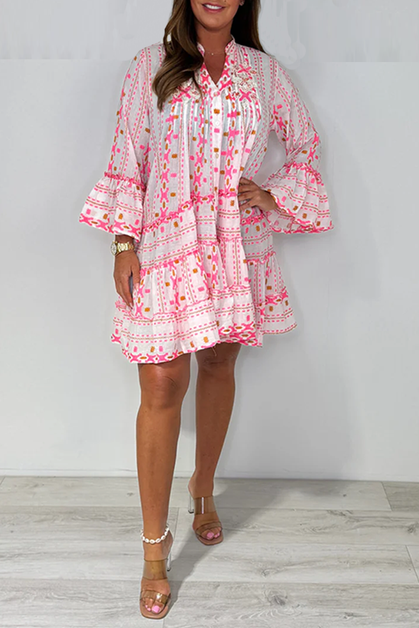 White/Neon Pink Printed Beaded Detailing Swing Dress