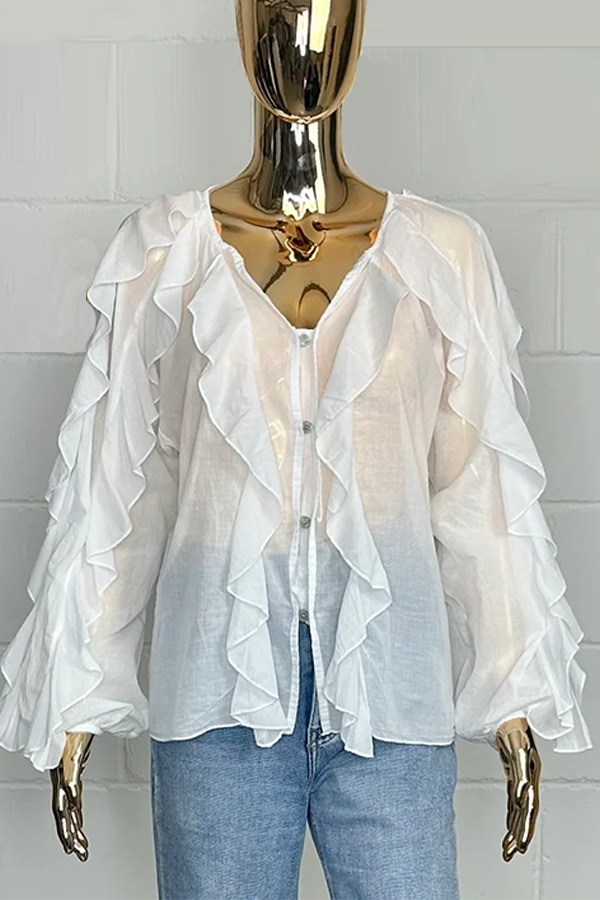 Sheer Ruffle Button Up Shirt