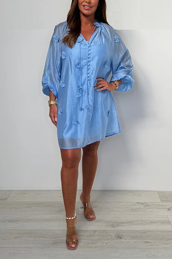 Blue Button Up Flower Detail Blouse Dress