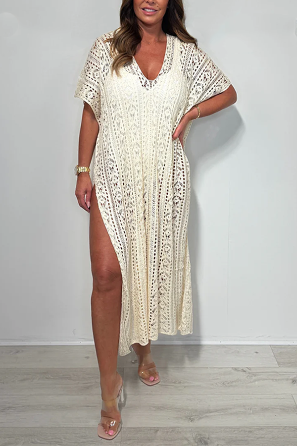 Cream V-Neck Crochet Side Split Kaftan