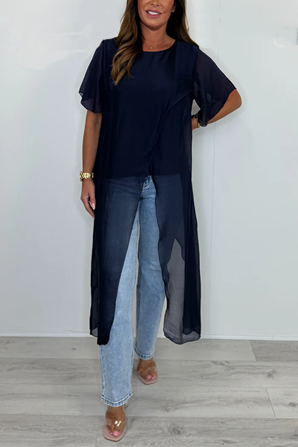 Silk Mix Short Sleeve Cross Over Longline Top