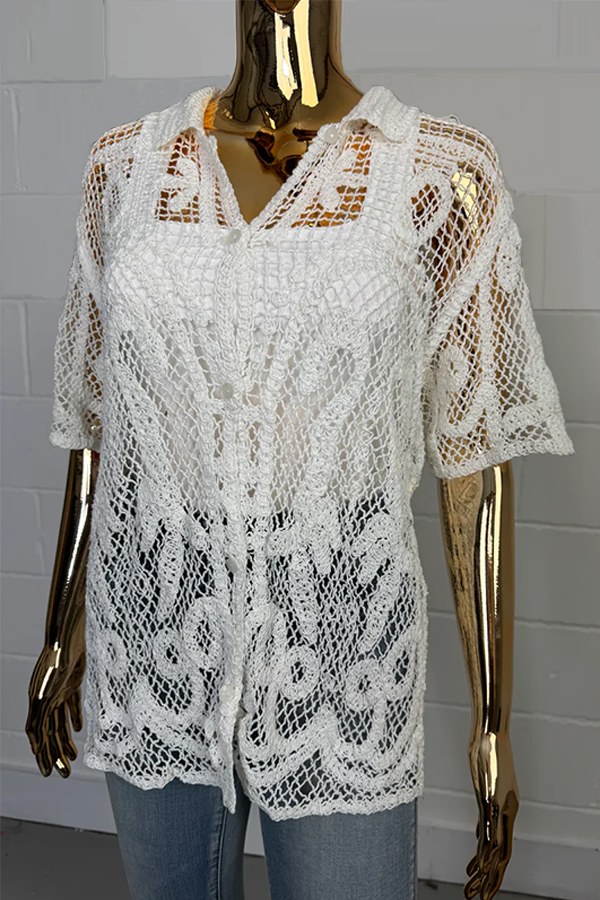 Crochet Collared Short Sleeve Shirt