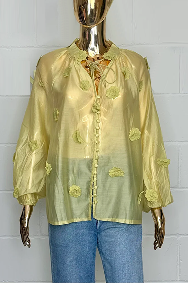 3D Flower Sheer Button Up Blouse