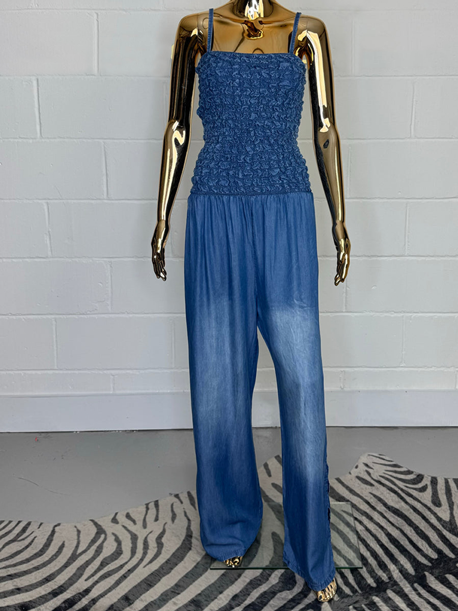 Denim Smocked Top Floaty Spaghetti Strap Jumpsuit