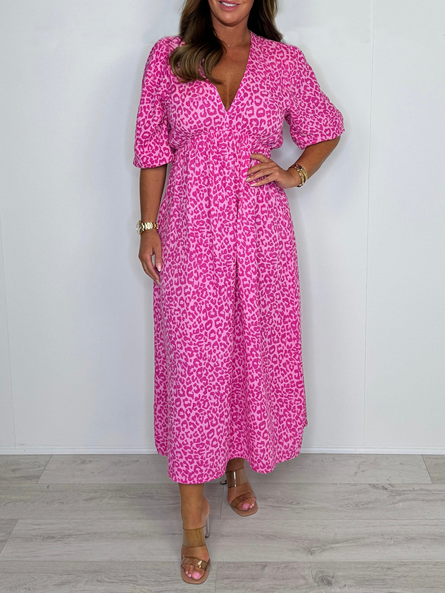 V-Neck Puff Sleeve Cheesecloth Midi Dress