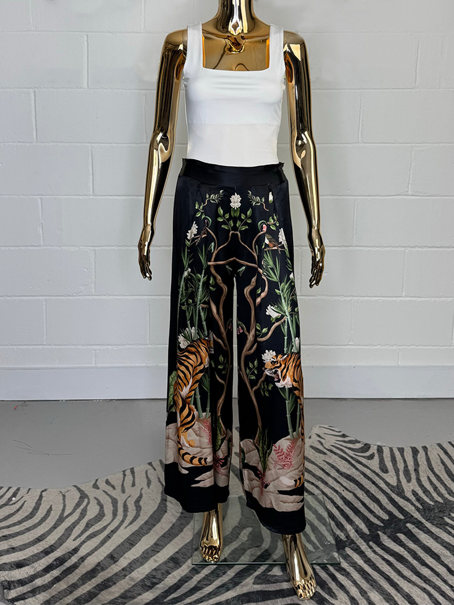 Satin Animals Print Drawstring Trousers