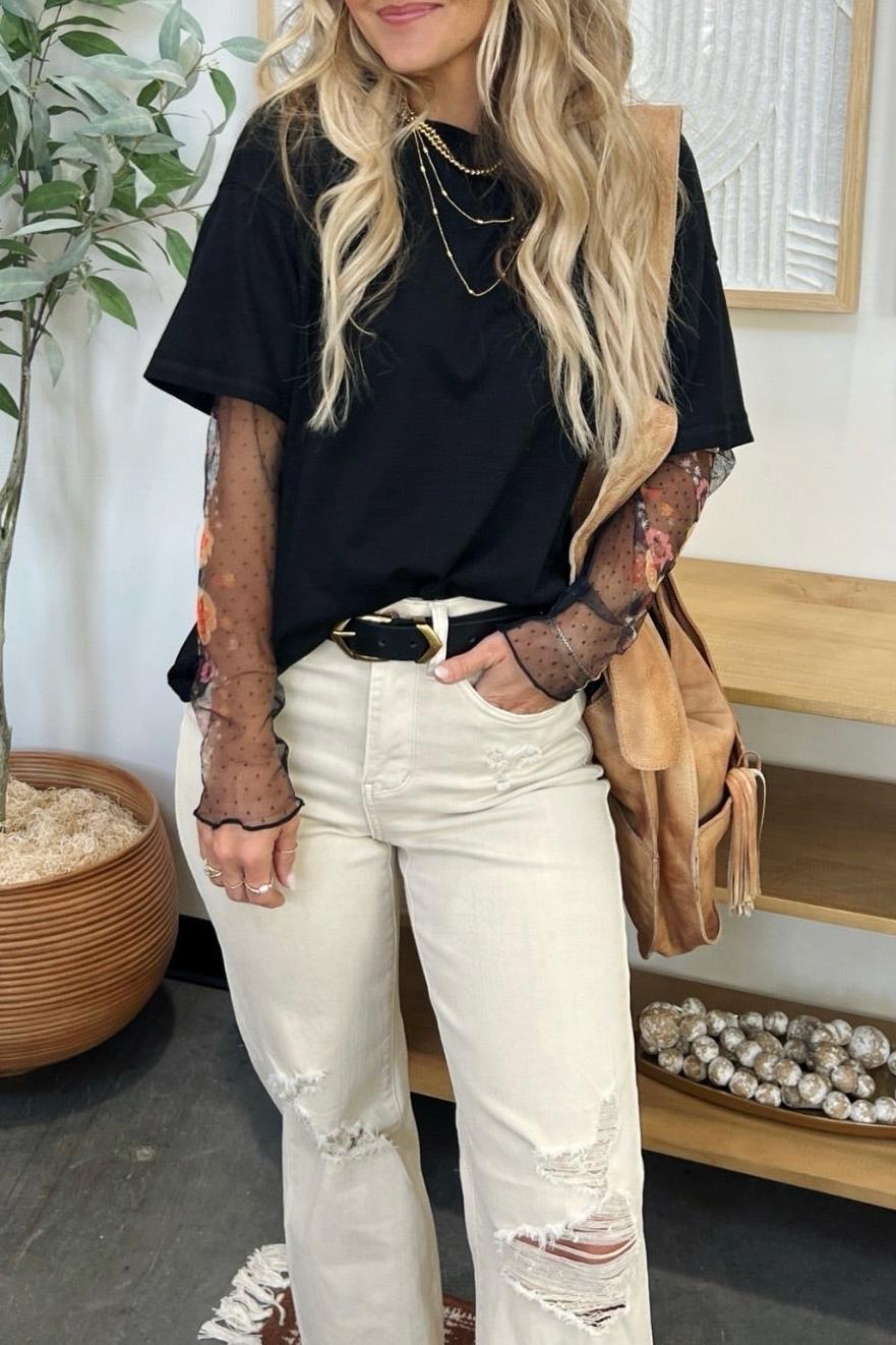 Mock Two-Piece Floral Panel Long Sleeve T-Shirt