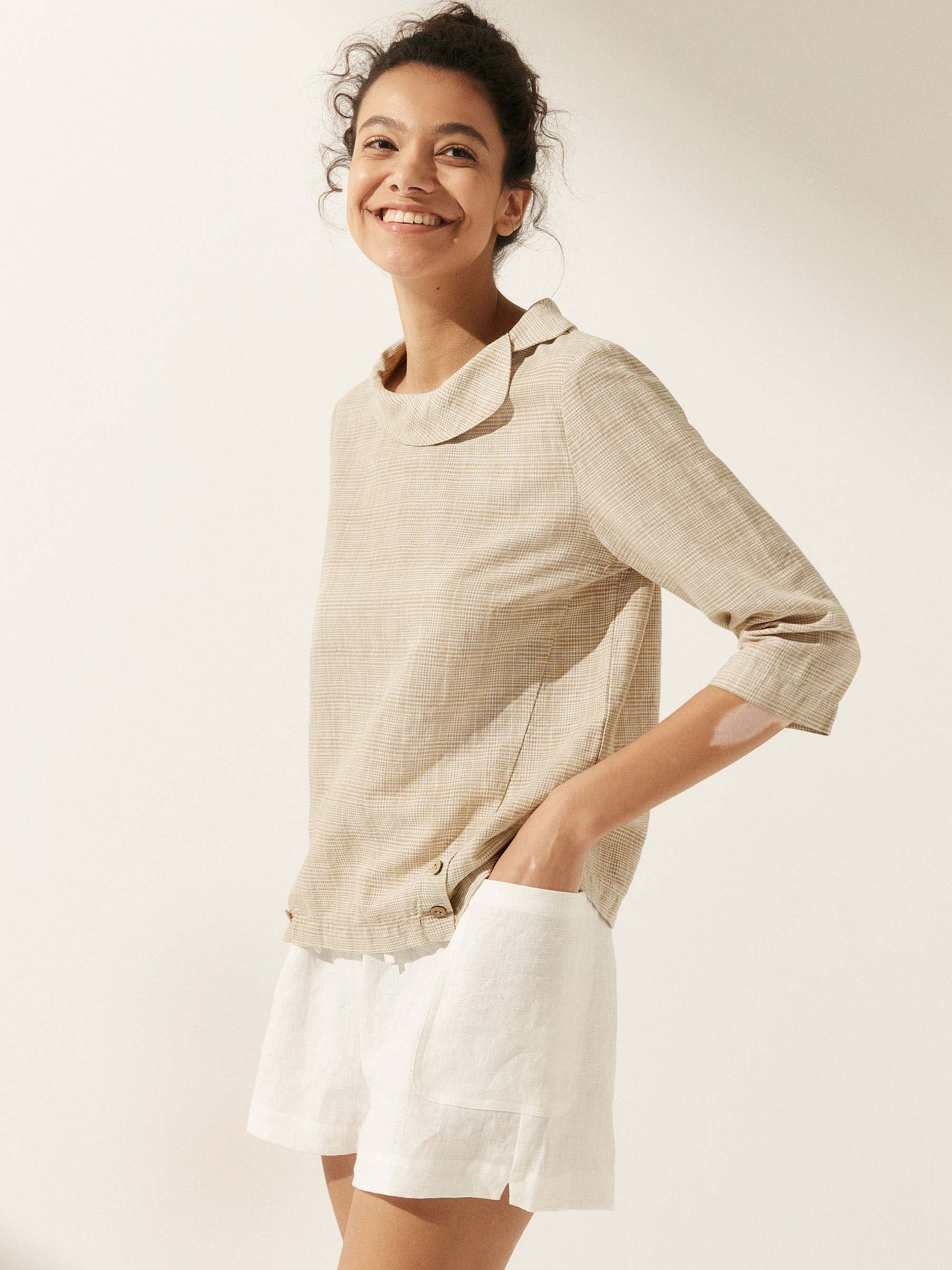 Linen Top with Soft-Fold Collar | Elegant Women's Blouse